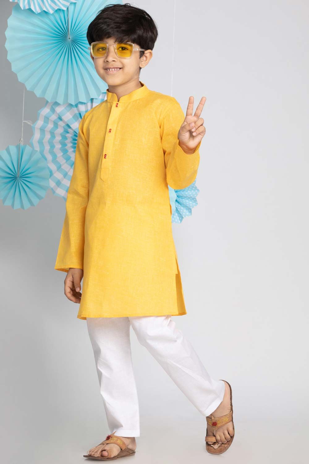 Buy Boy's Cotton Blend Solid Kurta Set in Yellow Yellow Online, Cotton Pyjamas, Top Fabric, Solid Color, Color Yellow, Mandarin Collar, White Tops, Top Colour, Types Of Sleeves