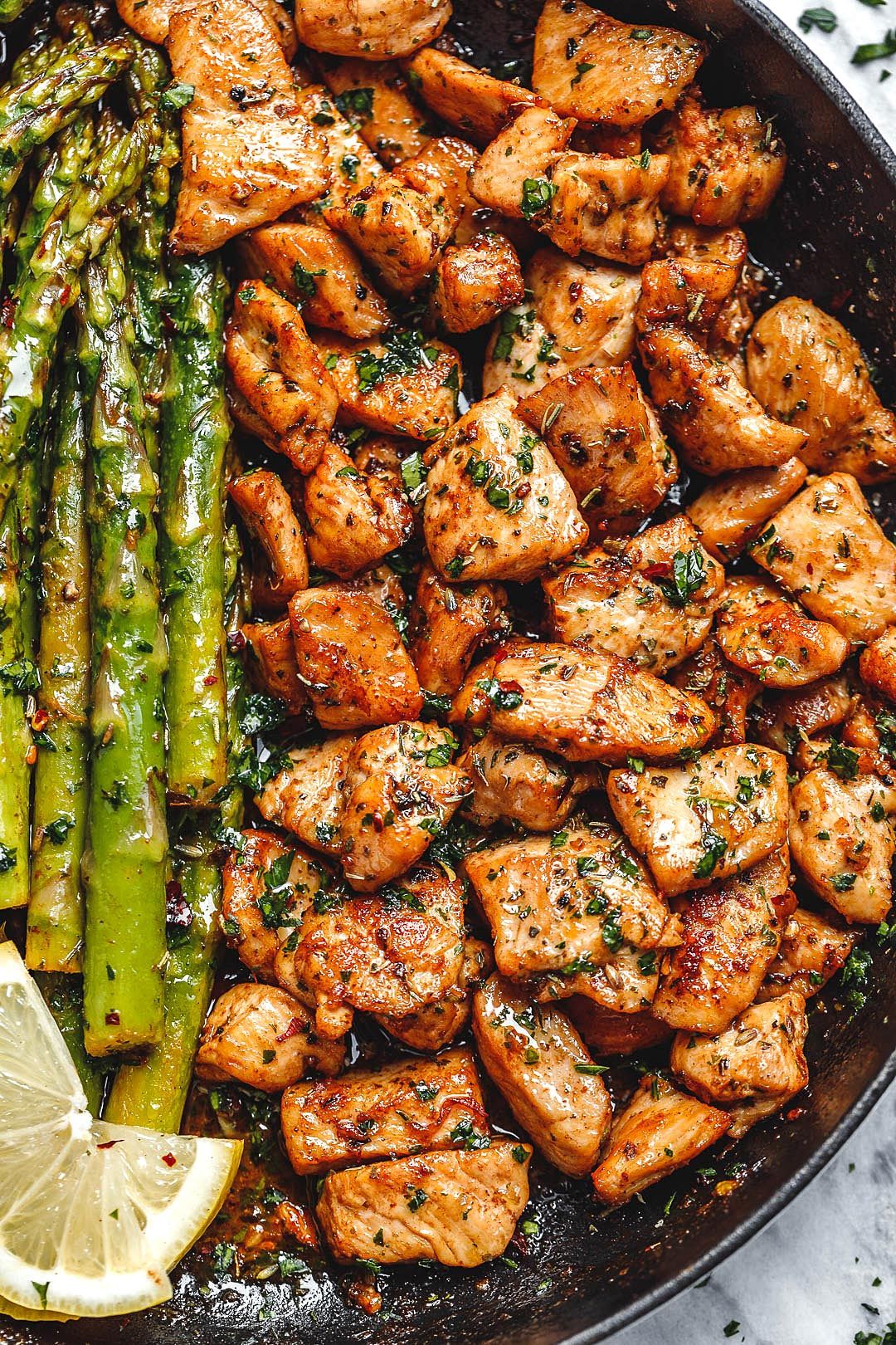 Garlic Butter Chicken Bites with Lemon Asparagus