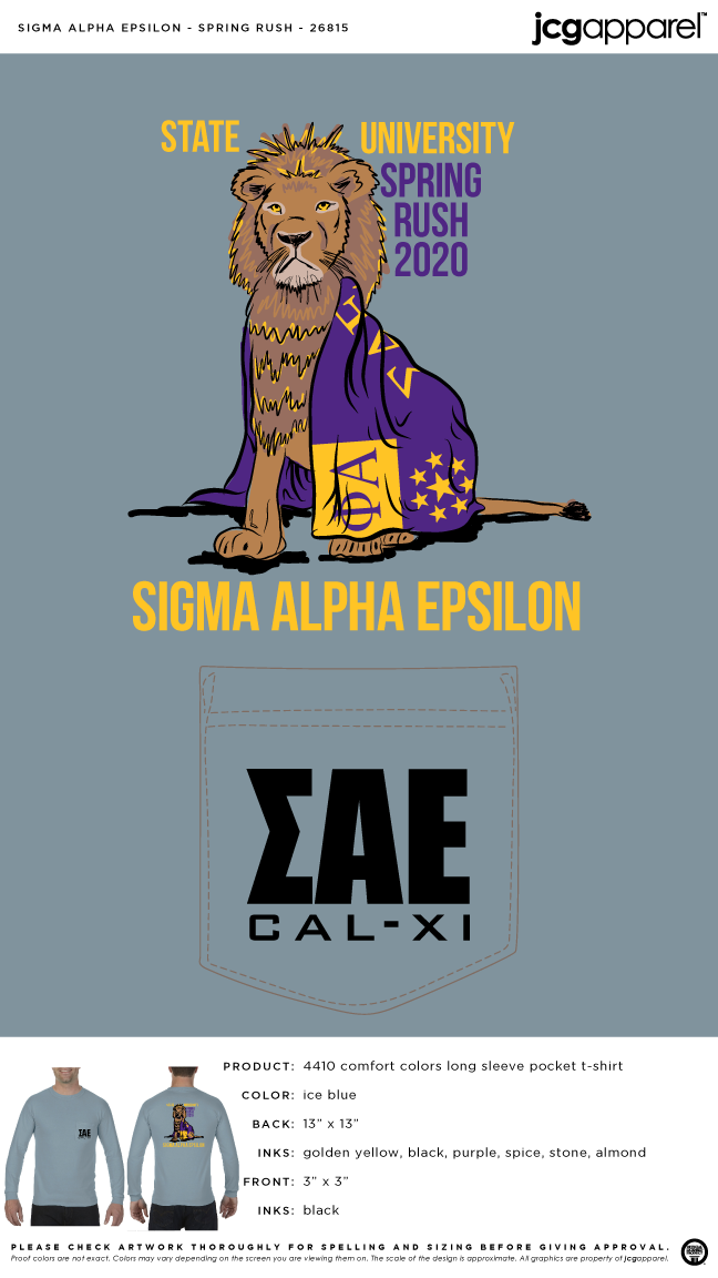 Sigma Alpha Epsilon Spring Recruitment Shirt | Fraternity Spring Recruitment Shirt | Greek Spring Recruitment Shirt #sigmaalphaepsilon #sae #lion #flag #crest #spring #recruitment Spring Recruitment, Recruitment Themes, Sae Fraternity, Sorority And Fraternity, Kappa Alpha Order, Sigma Alpha Epsilon, Comfort Colors Long Sleeve, Custom Design Shirts, Blue Back