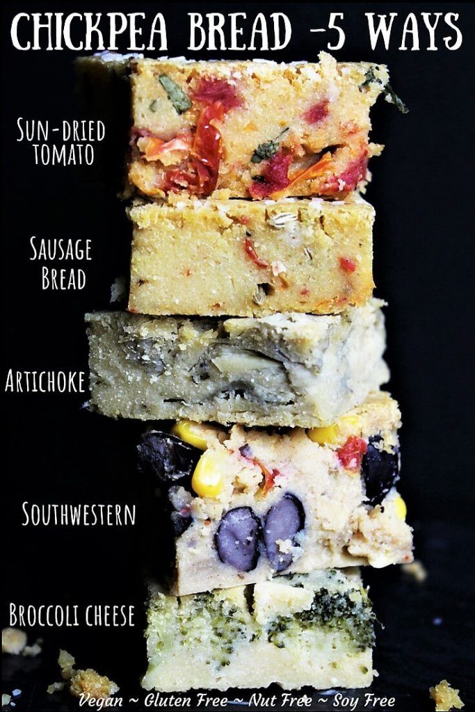 A stack of 5 types of gluten free vegan chickpea bread. Gluten Free Snacks, Gluten Free Bread, Gluten Free Recipes, Vegetarian Recipes, Vegan Foods, Vegan Dishes, Vegan Meals, Chickpea Flour Recipes, Chickpea Flour Bread