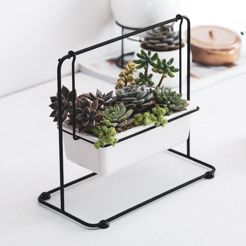 Ceramic Succulent Flower Planter Pot Iron Pot Shelf Stand Garden Hanging Decor
