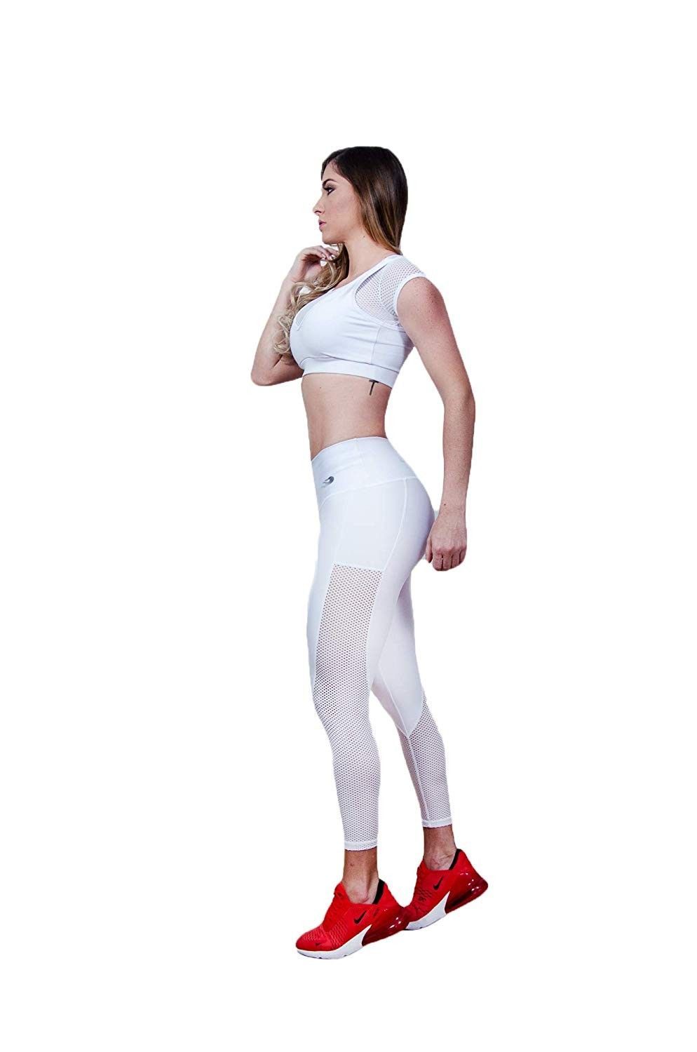 Leggings & Top Set 2pc High Waist with Mesh for Women Yoga Pants Tights White - White - CZ18HWQWU5G...