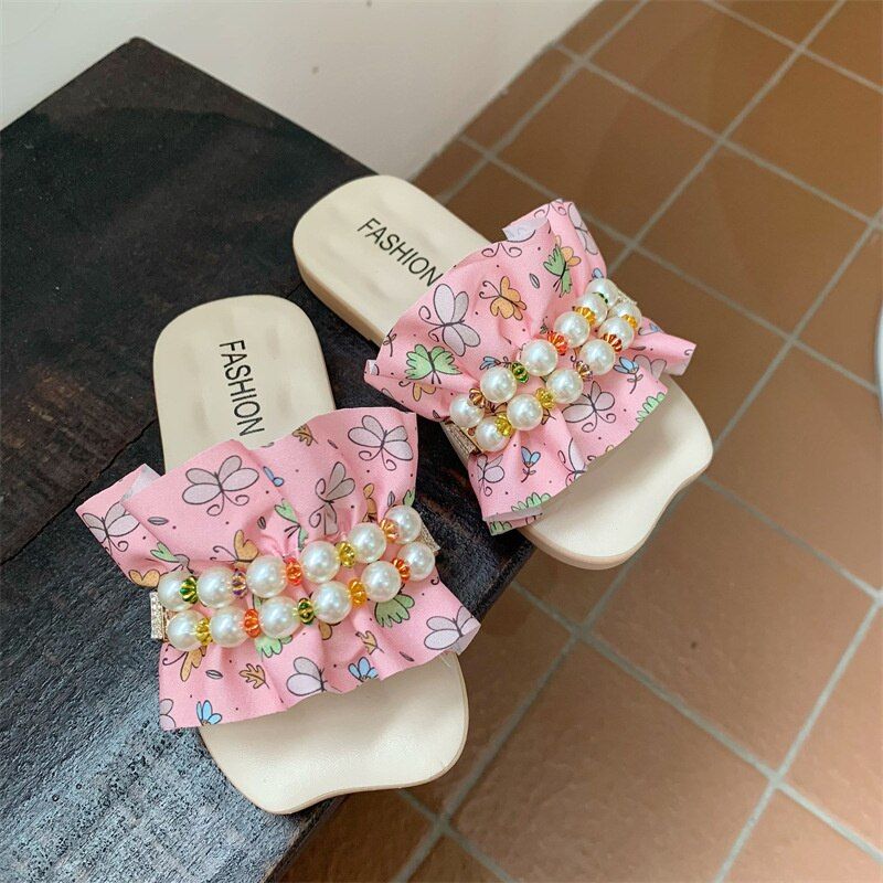 Summer Ruffles Children Slippers Pearl Printed Soft Princess Girls Fashion Slippers Flats Outdoor Non Slip Kids Slides Shoes In 22 Fashion Slippers Slides Shoes Kids Slide