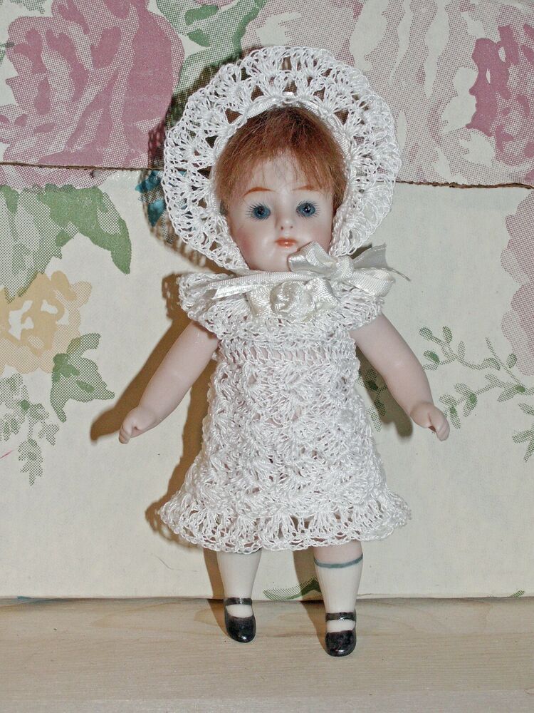 Miniature Handmade Dress,Bonnet and little Booties set for Small Baby Doll