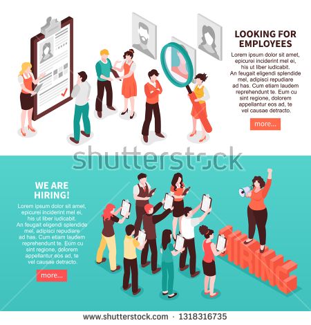 Stock Vector: Set of two horizontal isometric job search recruitment banners with editable text and read more buttons vector illustration Looking For Employees, We Are Hiring, Vector Illustrations, Job Search, Isometric, Flat Design, Recruitment, Banners, Horizontal