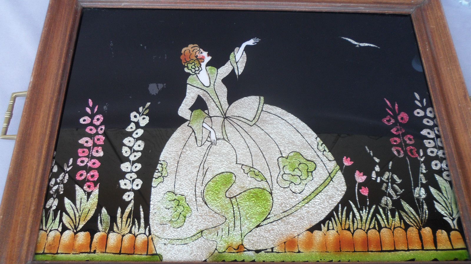 Vintage Reverse Painting Framed Picture Lady Belle Peacock