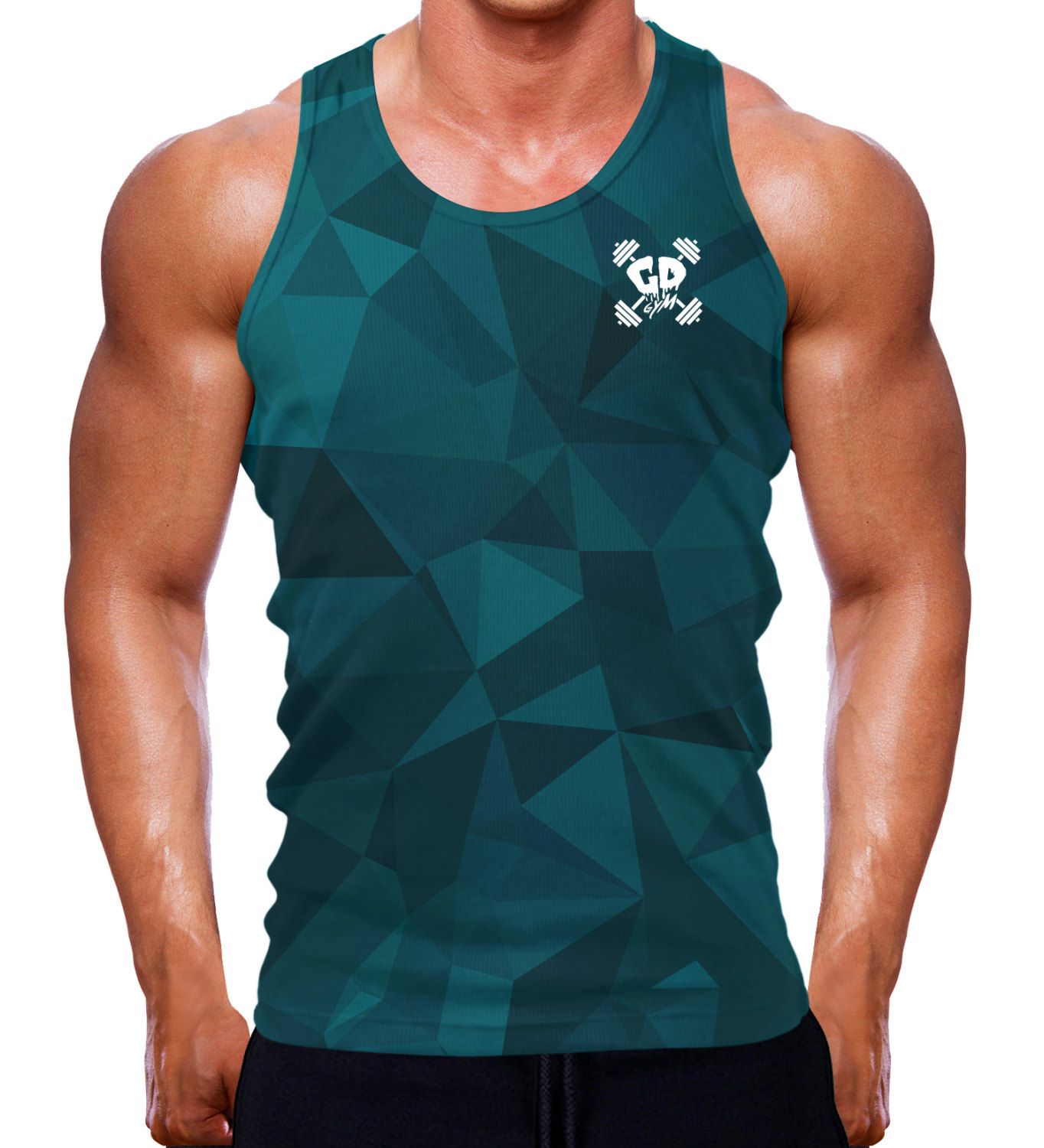 TEAL GEOMETRIC GET DOWN GYMWEAR MUSCLE FIT TANK VEST SLEEVELESS MEN WORKOUT GYM