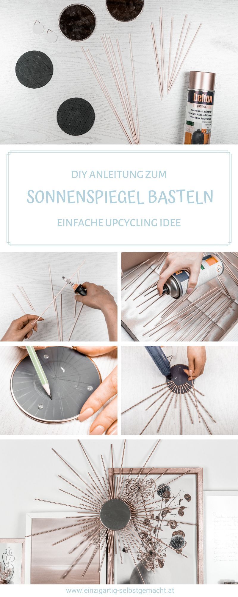 Anleitung für ein einfaches Sonnenspiegel DIY. Ich zeige dir, wie du ganz einfache eine tolle Sonnenspiegel Deko zaubern kannst. Alles was du brauchst um deinen wunderschönen Sonnenspiegel basteln zu können ist ein Spiegel Untersetzer und ein paar Holzspieße. Besonders schick sieht der fertige Sonnenspiegel im Wohnzimmer oder auch im Schlafzimmer aus. Viel Spaß beim Bastel! #diy #diydeco Diy Upcycling, Woodworking, Decor, Modern, Living Room, Floral Letters, Diy Wall Decor, Diy Wall Art, Diy Xmas Gifts