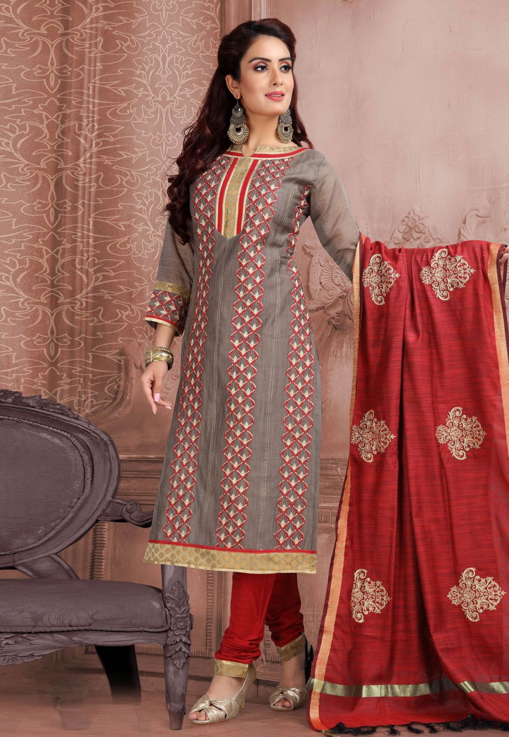Buy Gray Banarasi Churidar Salwar Kameez 175109 online at lowest price from vast collection at m