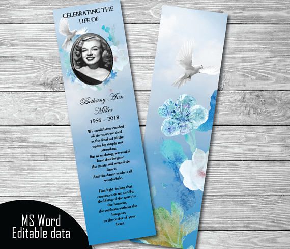 floral dove blue funeral bookmark template printable bookmark template