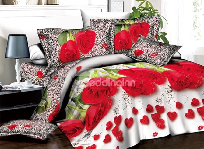 Romantic Red Roses And Heart Shape Petals Print 3d Duvet Cover Sets Bedding Sets Red Bedding Sets Floral Print Bedding