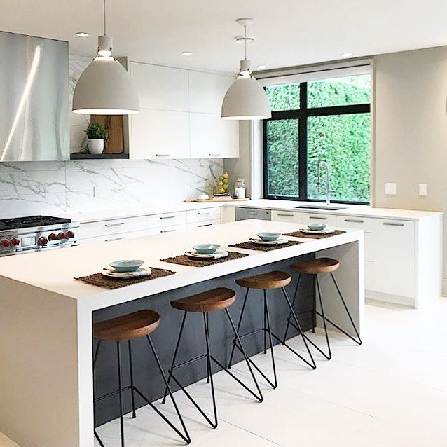 Check out the 3” waterfall countertop we did on this island! It’s the centrepiece to anchor the kitchen. #sucasadesign #interiors… #waterfallcountertop