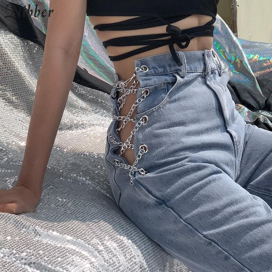 VINTAGE STYLE HOLLOW OUT CHAIN DESIGN JEANS - Deni VINTAGE STYLE HOLLOW OUT CHAIN DESIGN JEANS - Deni