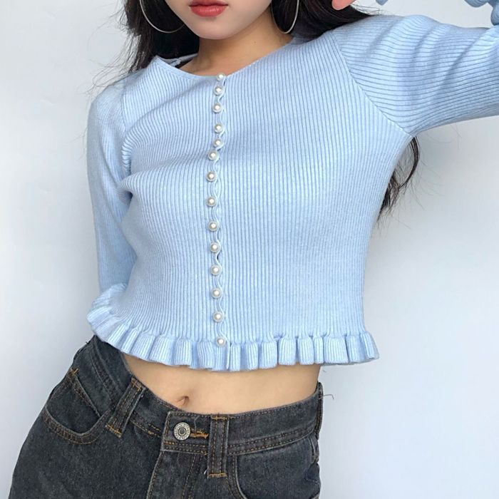 Single-breasted V-neck slim-fit lace slimming long-sleeved knitted cardigan from FE CLOTHING | Foci