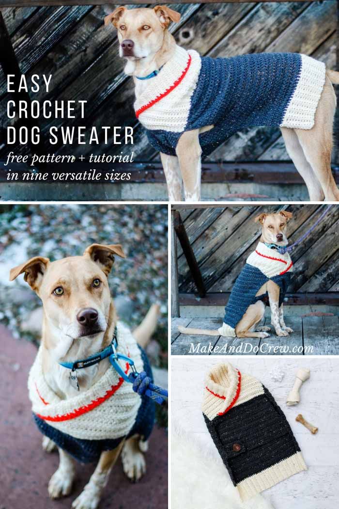 Learn how to cozy up your pup for winter with this free crochet dog sweater pattern. Designed in NINE versatile sizes to fit very small to very large dogs, the pattern includes notes on how to measure and customize for your furry friend. Pattern features Lion Brand Vanna's Choice. #makeanddocrew #lionbrand #crochet #dogsweater #freepattern #dog #sweater #small #medium #large #puppies via @makeanddocrew Crochet Dog Sweater Free Pattern, Dog Pattern, Crochet Patterns, Knitting Patterns, Sweater Patterns, Doily Patterns, Crochet Designs, Free Knitting, Pattern Design