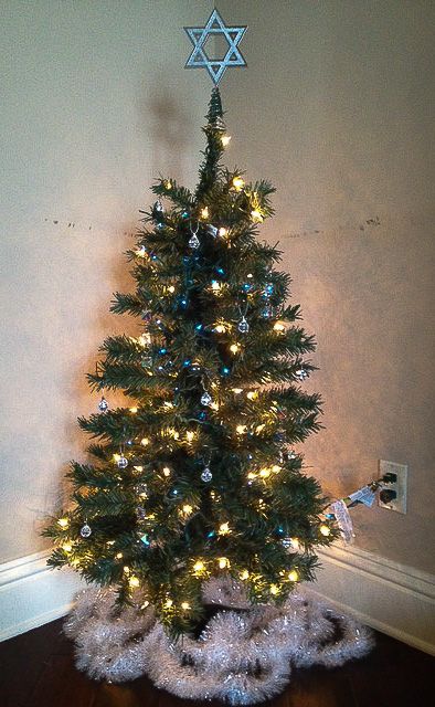 Ready to Ship Chrismukkah Tree Green Sparkle Tree with Gold Sparkle Jewish Star Tree Topper