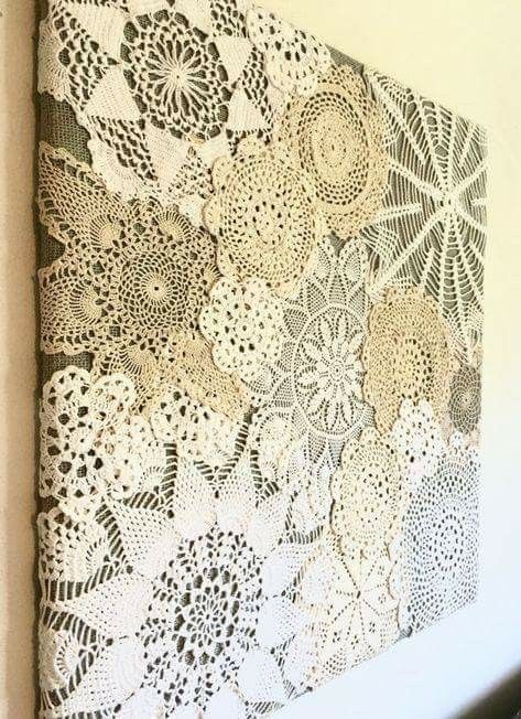 Old things in a new way: modern decor with lace | My desired home Doilies Crafts, Lace Doilies, Crochet Doilies, Fabric Crafts, Sewing Crafts, Sewing Projects, Craft Projects, Diy Crafts, Canvas Projects