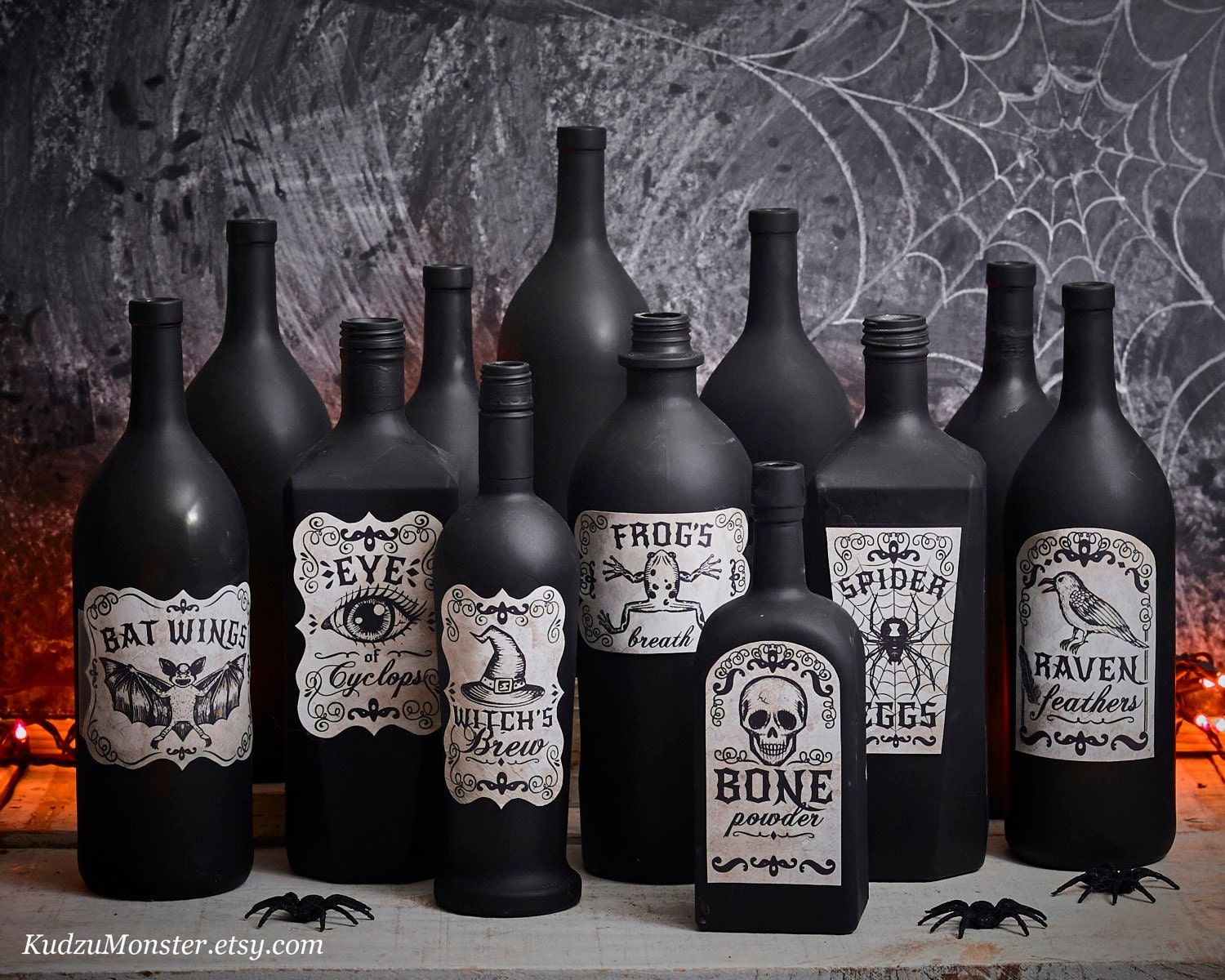 "This is an Instant Download of 7 spooky apothecary Halloween labels. The labels read: \"Eye of Cyclops\" \"Bat Wings\" \"Frog's Breath\" \"Raven feathers\" \"Witch's Brew\" \"Spider Eggs\" \"Bone Powder\" Each label varies in size/shape so you have lots of options for different bottles. They range from 4.5 x 3 inches to 5 x 4 inches The download begins immediately after payment clears and includes 2 PDF files sized 8.5 x 11 inches for easy at-home printing. The labels can be applied with double Halloween Vintage, Fröhliches Halloween, Halloween Labels, Spooky Halloween Decorations, Halloween Home Decor, Holidays Halloween, Halloween Themes, Halloween Printable, Spooky Home Decor