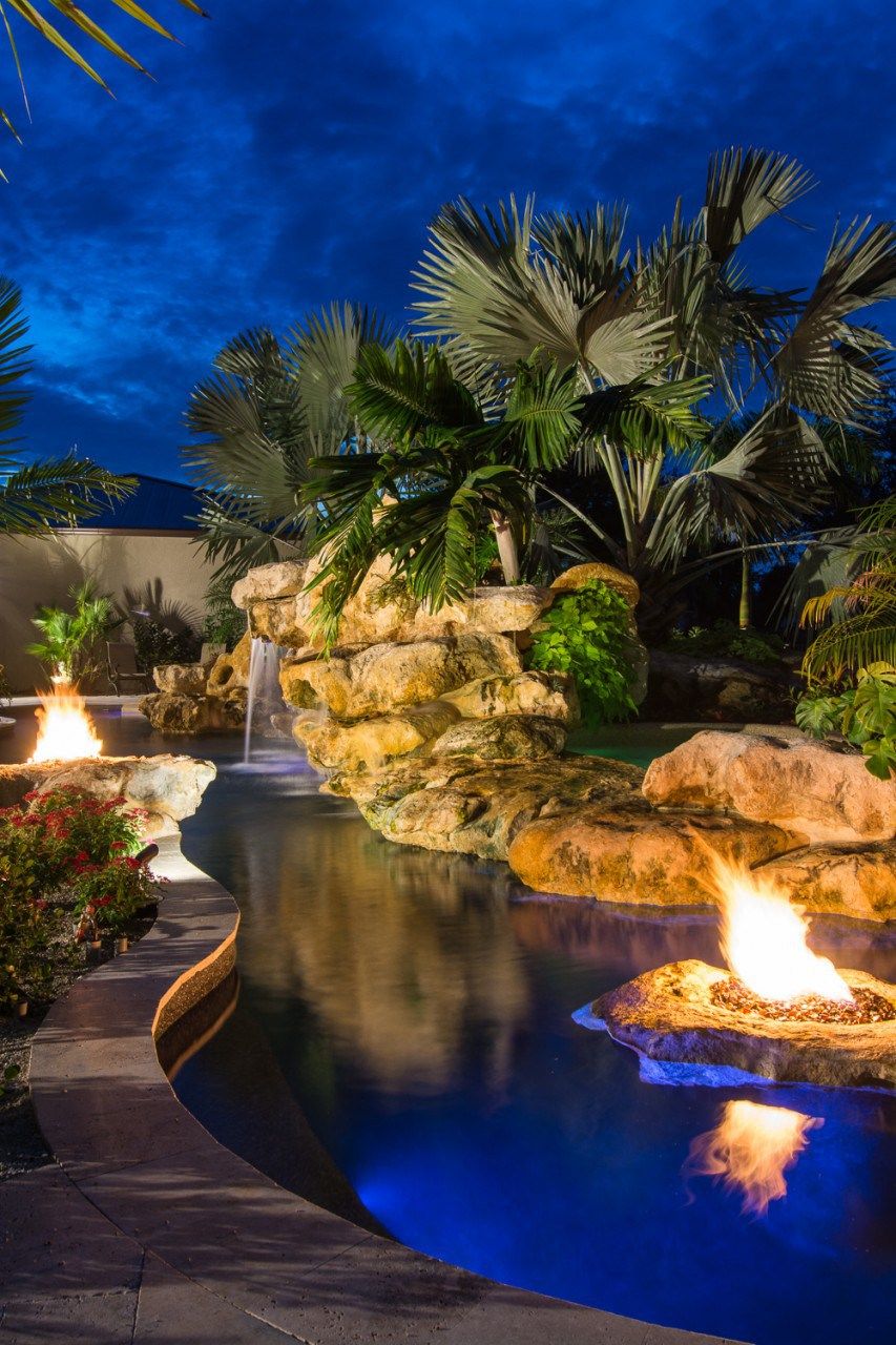 Natural Pool Fire Pits Spa And Stone Waterfalls Grotto Natural Pool With Stone Fire Pits Spa And Stone Waterfall G Pool Landscaping Pool Waterfall Lagoon Pool