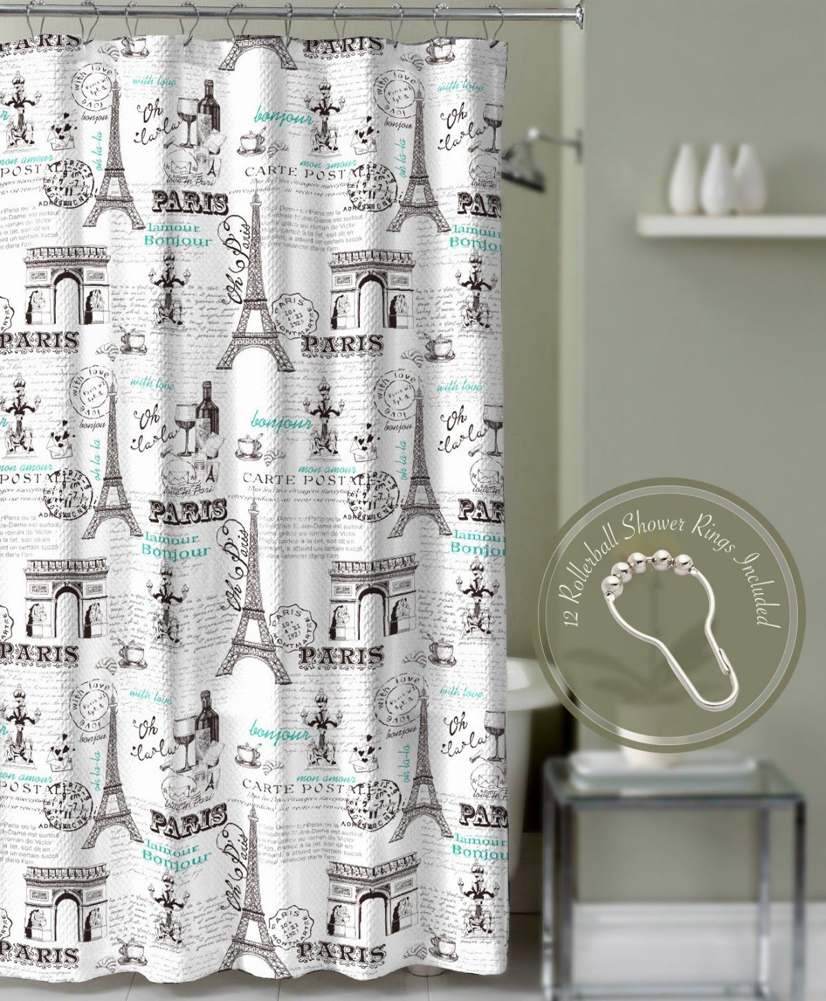 Crest Home Bonjour Paris Eiffel Tower Shower Curtain Teal With Crest Home Bonjour Paris Eiffel Tower Shower Curtain Teal With Roller Ball Hooks Curtains Bed Bath Greydock