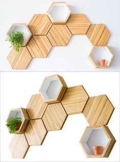 ChopValue have created Recycled Chopstick Honeycomb Shelves. These handmade, modern, hexagonal wood wall shelves and tiles offer a unique accent to any wall. Kitchen Wall Shelves, Wood Wall Shelf, Kitchen Backsplash, Backsplash Cheap, Kitchen Wood, Cheap Kitchen, Kitchen Chairs, Kitchen Countertops, Decorative Wall Shelves