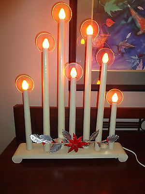 Noma 1939 Halo Christmas Candelabra, 7 Tall Cardboard Candles, Wood NOMA 1939 Halo Christmas Candelabra - Noma 1939 Halo Christmas Candelabra, 7 Tall Cardboard Candles, Wood