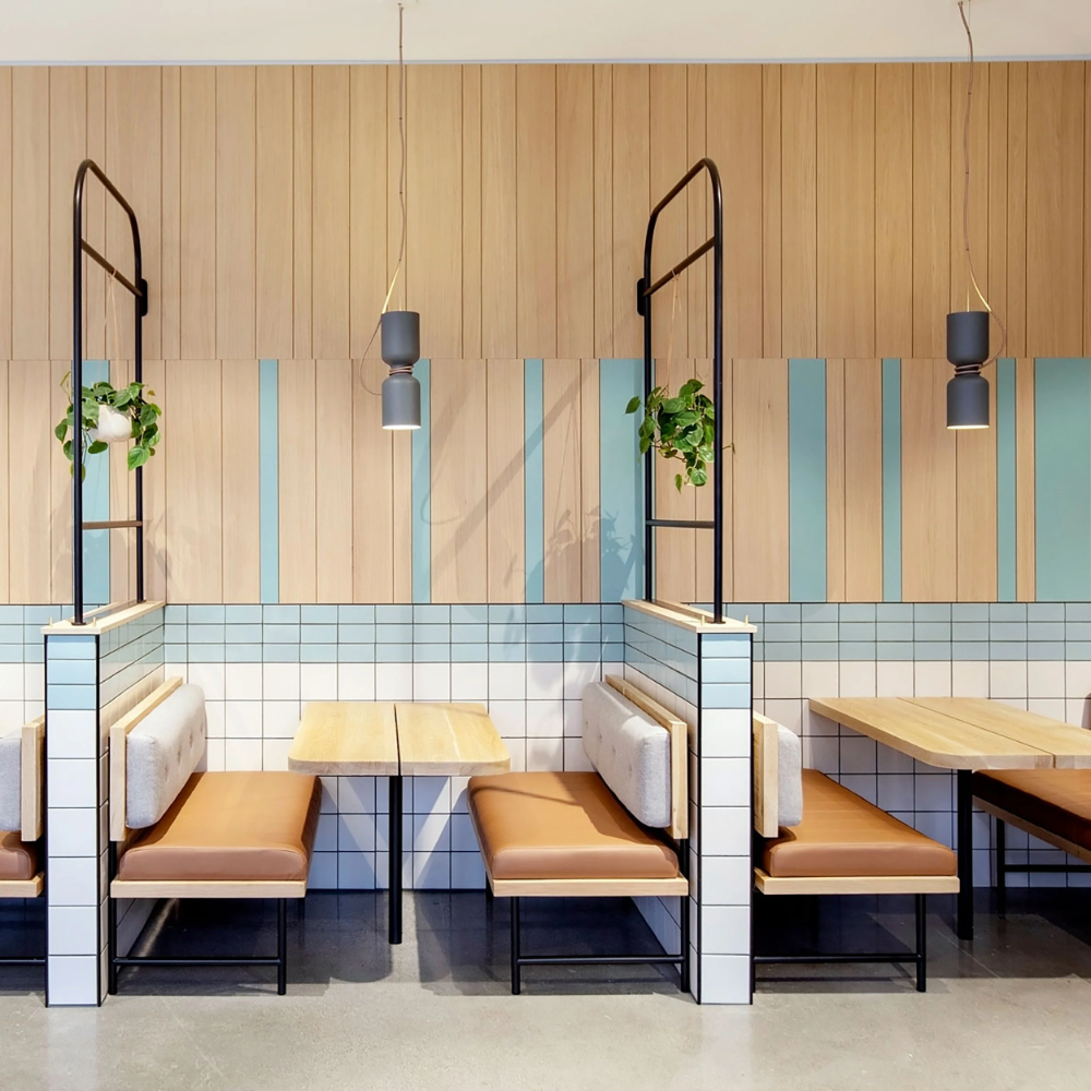 Inspired by spotlights, the Spotlight Volumes series is based on four unique shade profiles which combine in various ways. While designed with a modern silhouette, the inspiration is based on a classic shape, giving a timeless air to the fixture. Restaurant Booth Seating, Bar Restaurant Design, Decoration Restaurant, Cafe Seating, Modern Restaurant, Seating Areas, Restaurant Ideas, Pub Decor, Colorful Restaurant
