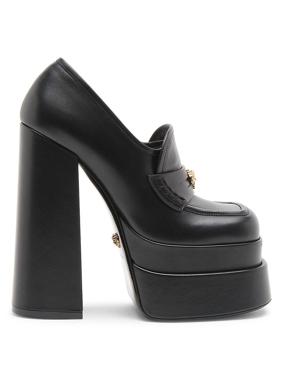 Elevated with a daring block heel and platform, these leather loafters showcase the goldtone Medusa head at vamp. Leather upper Square toe Slip-on style Leather lining Leather sole Made in Italy SIZE Leather-covered block heel, 6" (155mm) Platform height, 1.25" (30mm) | Versace Intrico Platform Loafers Dr Shoes, Me Too Shoes, Pretty Shoes, Cute Shoes, Leather Upper, Heeled Boots, Shoe Boots, Heeled Loafers Outfit, Designer Shoes