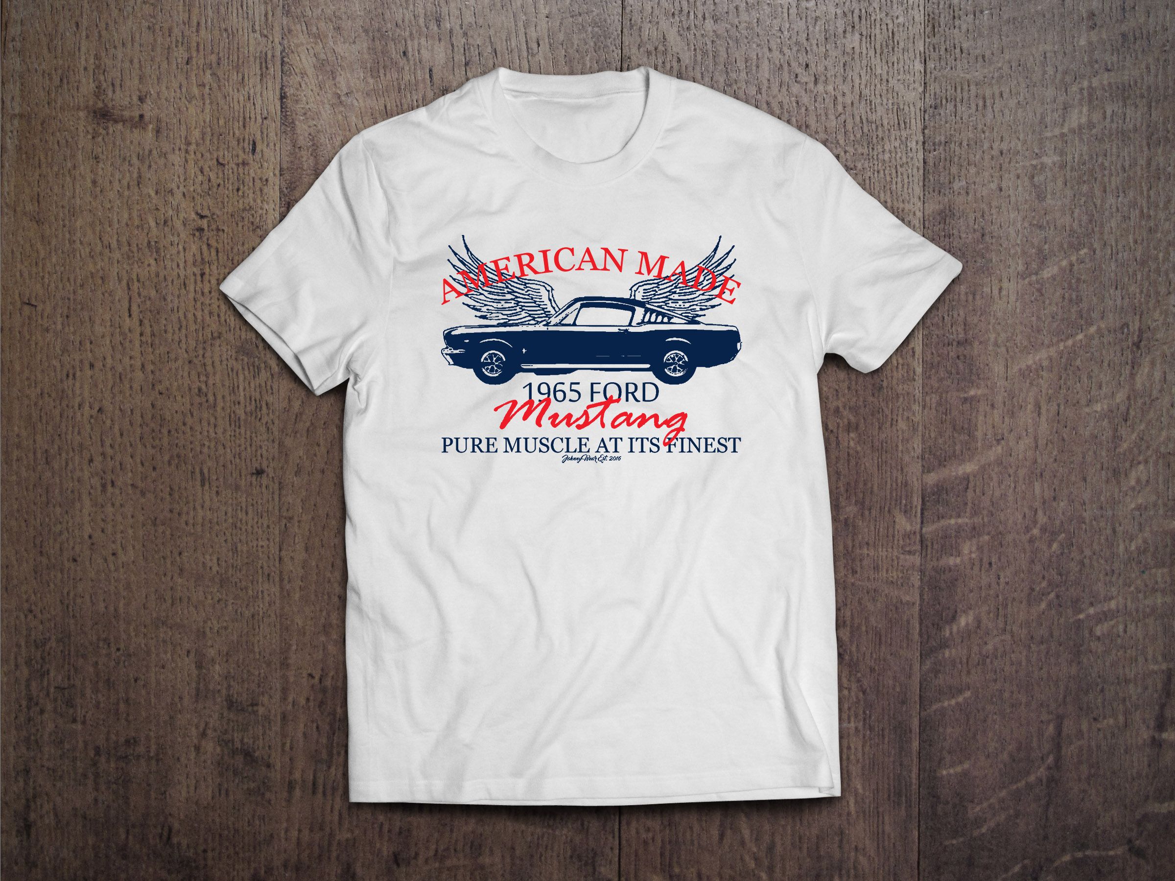 American Made 1965 Ford Mustang T Shirt White T Shirt With Red And Dark Blue Design Vintage Mustang T Shirts Cool T Shirts Shirts