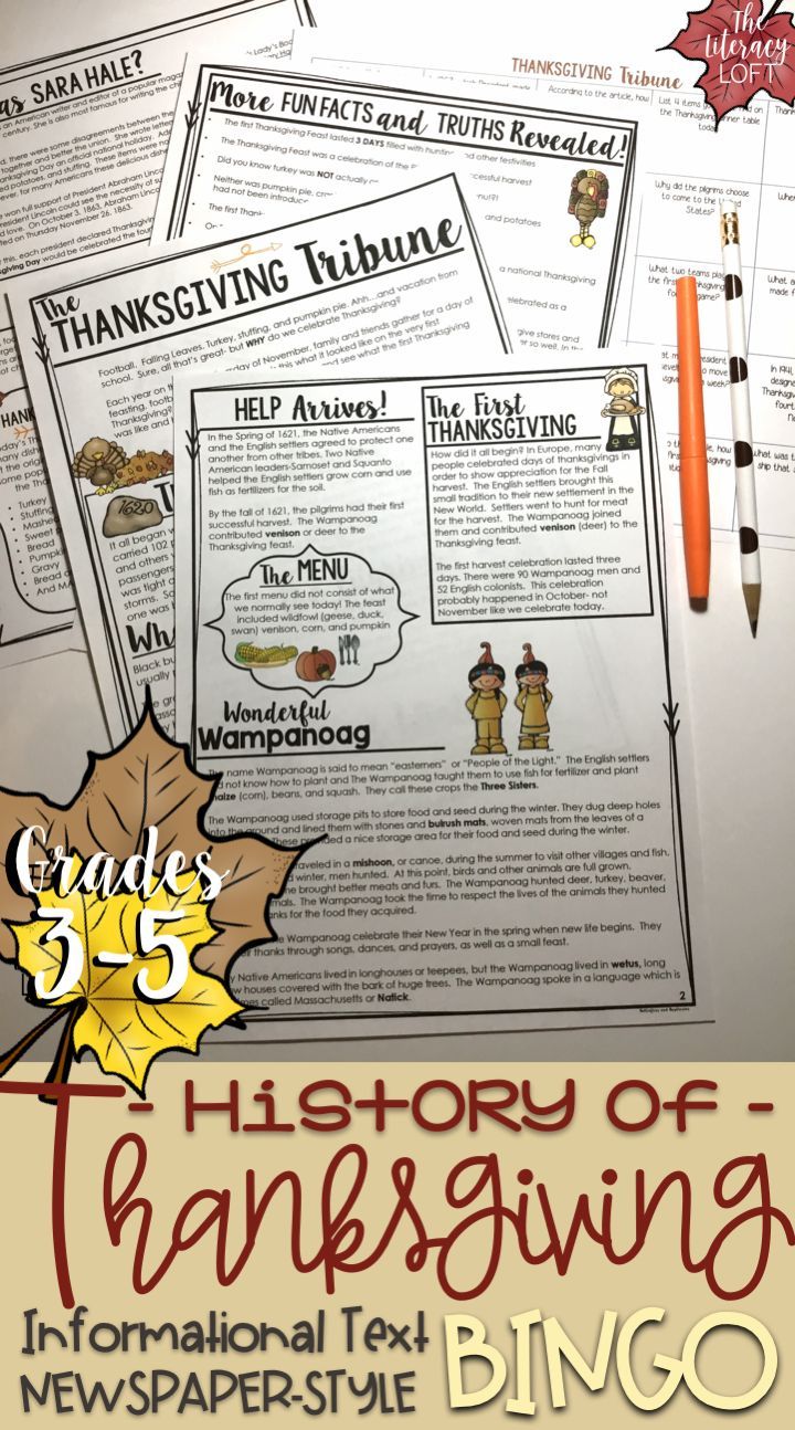 History of Thanksgiving Informational NewspaperStyle text fun with