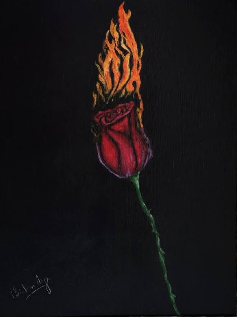 Original Art Acrylic Painting, measuring: 29.97W x 41.91H x 1.02D cm, by: Chintan Arya (India). Styles: Illustration, Impressionism, Expressionism, Art Deco. Subject: Love. Keywords: Red, Yellow, Fire On Rose, Burning Rose, Love Kills, Fire, Pink, Rose. This Acrylic Painting is one of a kind and once sold will no longer be available to purchase. Buy art at Saatchi Art. India Painting, Rose Painting, Acrylic Painting, Burning Flowers, Burning Rose, Original Paintings, Original Art, Art Deco Illustration, Fabric Roses