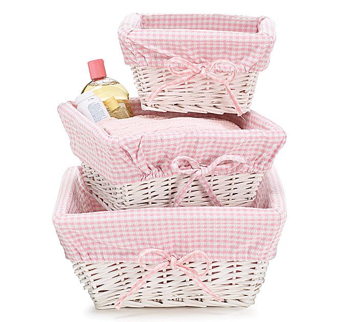 Set Of 3 White Willow Baskets With Pink Cotton Gingham Lining In Pink Cotton Gingham Lining