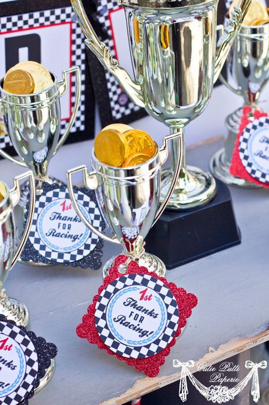 This is cute party favor. I bet dollar tree or Hobby lobby has the trophies and chocolate coins.Race Car Party Vintage Race Car Birthday 2inch by CutiePutti, $5.50 Race Car Party Favors, Birthday Party Snacks, Race Party, Cars Birthday Parties, Nascar Party, Birthday Gifts, Hot Wheels Birthday, Hot Wheels Party, Disney Cars Birthday