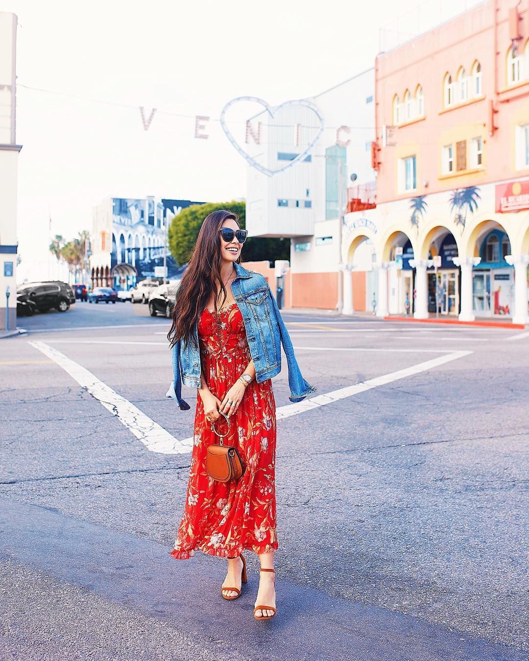Red jumpsuit with denim jacket Regram via kattanita Red floral maxi