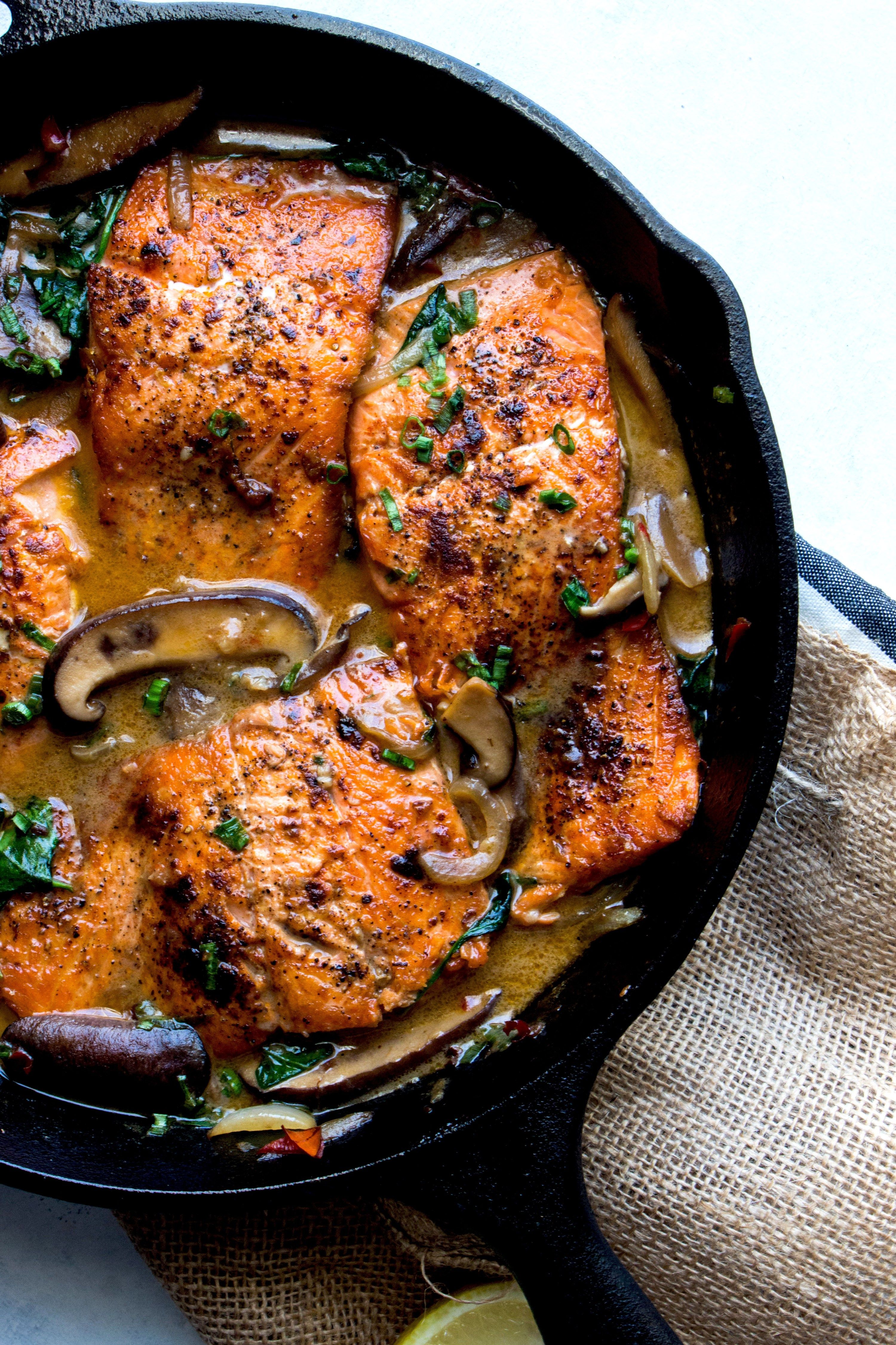 Braised Salmon In Creamy Mushroom Sauce Clean Foodie Cravings Recipe Whole30 Fish Recipes Salmon Meal Prep Creamy Mushroom Sauce