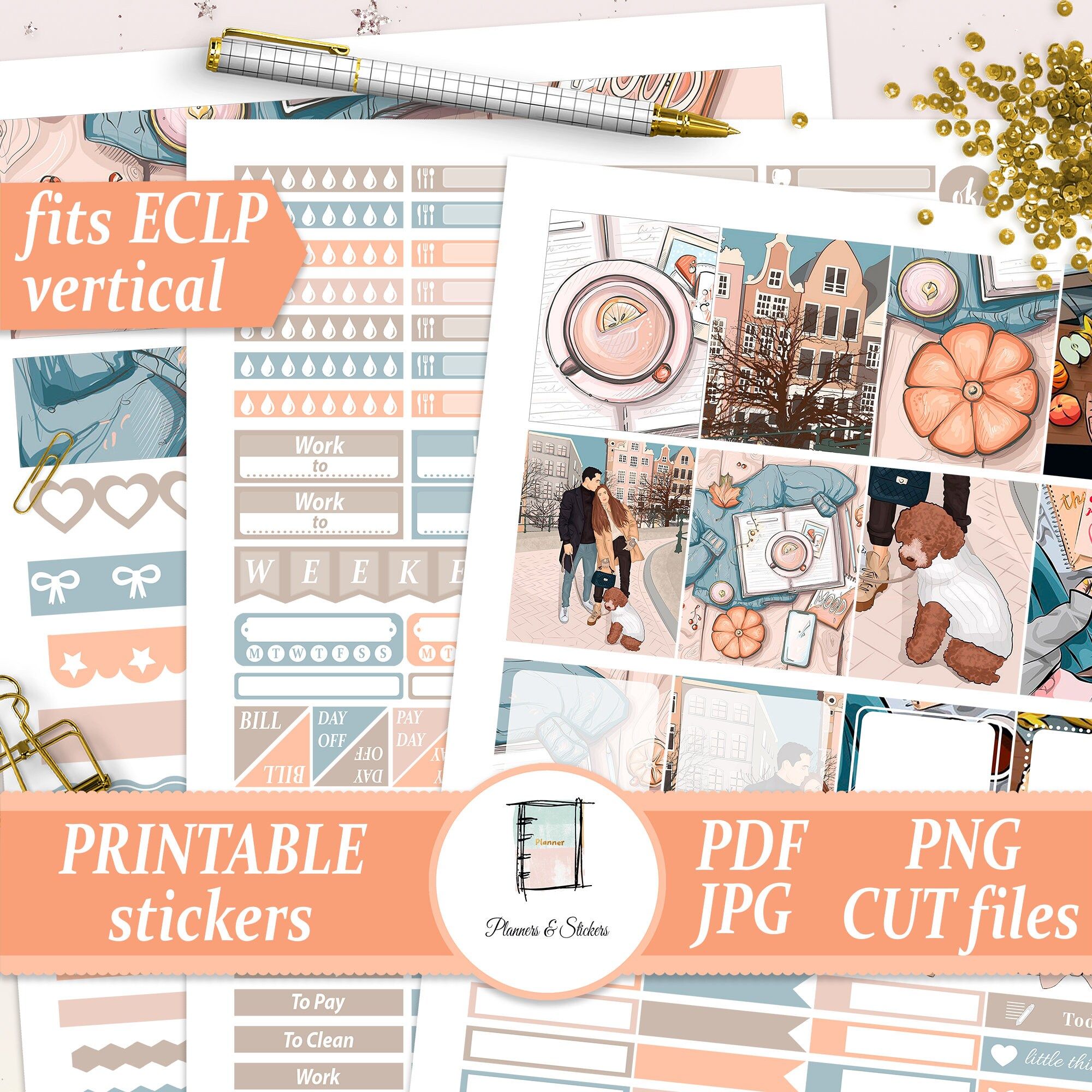 Pretty Digital Instant Download Stickers Fall Watercolor Leaves ECLP Happy Planner Kit Autumn Pastel Watercolor Printable Planner Stickers