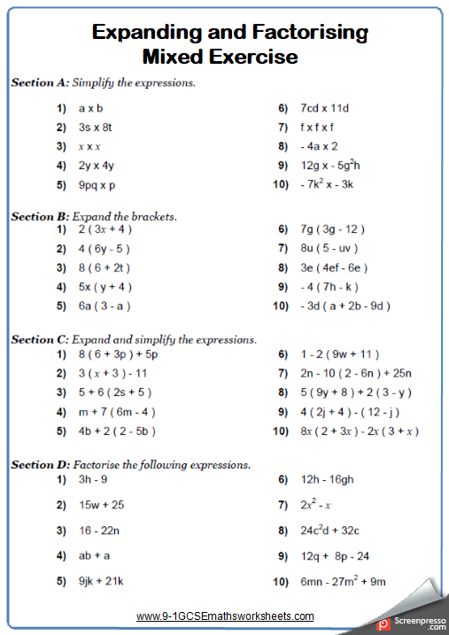 Expanding Factorising Worksheet Practice Questions Math Worksheet median-practice-and-quiz-questions-algebra-expanding-and-factorising