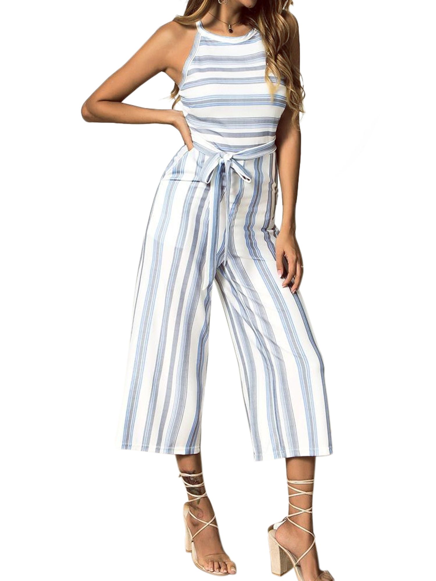 UUYUK Women Stripe Print Wide Leg Cropped Pants Belted Beach Summer Tank Junpsuits UUYUK Women Stripe Print Wide Leg Cropped Pants Belted Beach Summer Tank Junpsuits