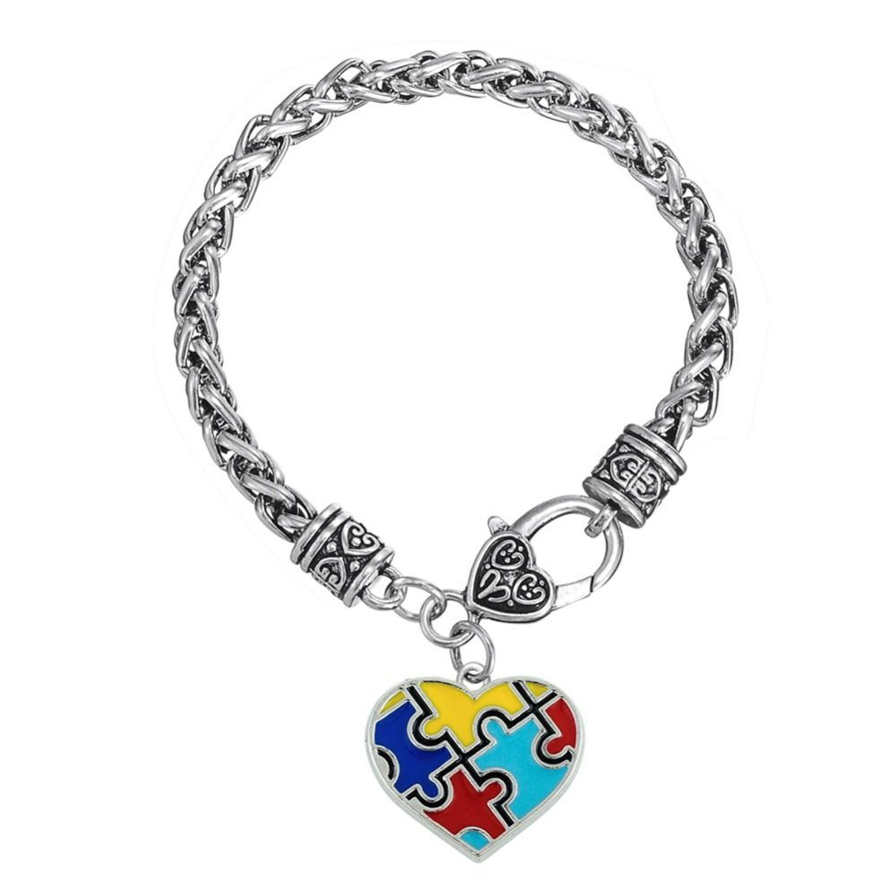 Skyrim Enamel Puzzle Piece Heart Autism Charm Lobster Clasp Thick Skyrim Enamel Puzzle Piece Heart Autism Charm Lobster Clasp Thick Wheat Chain Bracelet Jewelry Drop Shipping