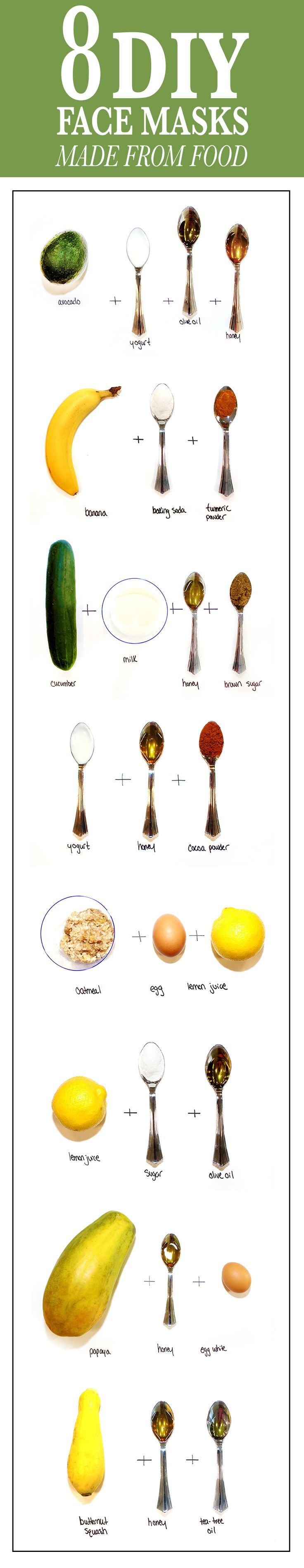 8 Skin-Transforming DIY Face Masks You Can Make Out of Food: Your refrigerator can stock some pretty impressive skin-care recipes. We perused the produce section, spoke to experts, and came up with our favorite you-probably-have-them-at-home ingredients that will do great things to your skin (and are dermatologist-approved). Click through to find the right mask for your skin type and concern. | allure.com Beauty Treatments, Skin Treatments, Homemade Face Mask Recipes, Diy Beauté, Easy Diy, Diy Spa, Diy Kosmetik, Diy Beauty Hacks, Spa Hacks