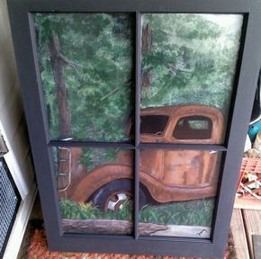 Pin By Beverly H On Old Windows Pinterest Window Craft And Items Similar To Antique Truck Window Painting On Etsy