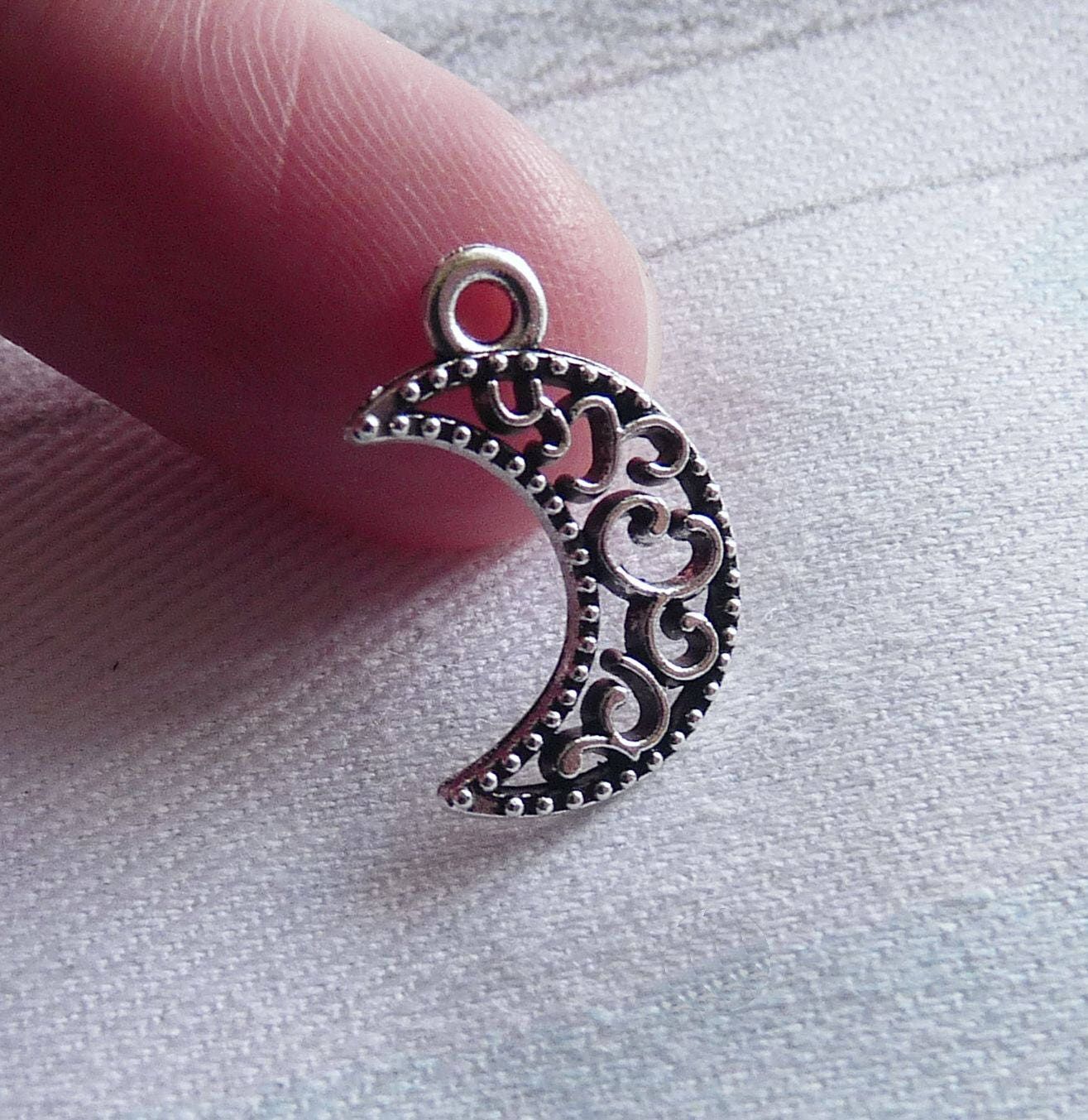 30x Crescent Moon Bulk Charms Antique Silver Tone Filigree Moon Charms