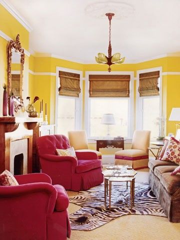 magenta and yellow Narrow Living Room, Yellow Living Room, Eclectic Living Room, Living Room Designs, Living Room Decor, Red Living, Living Spaces, Condo Living, Eclectic Decor
