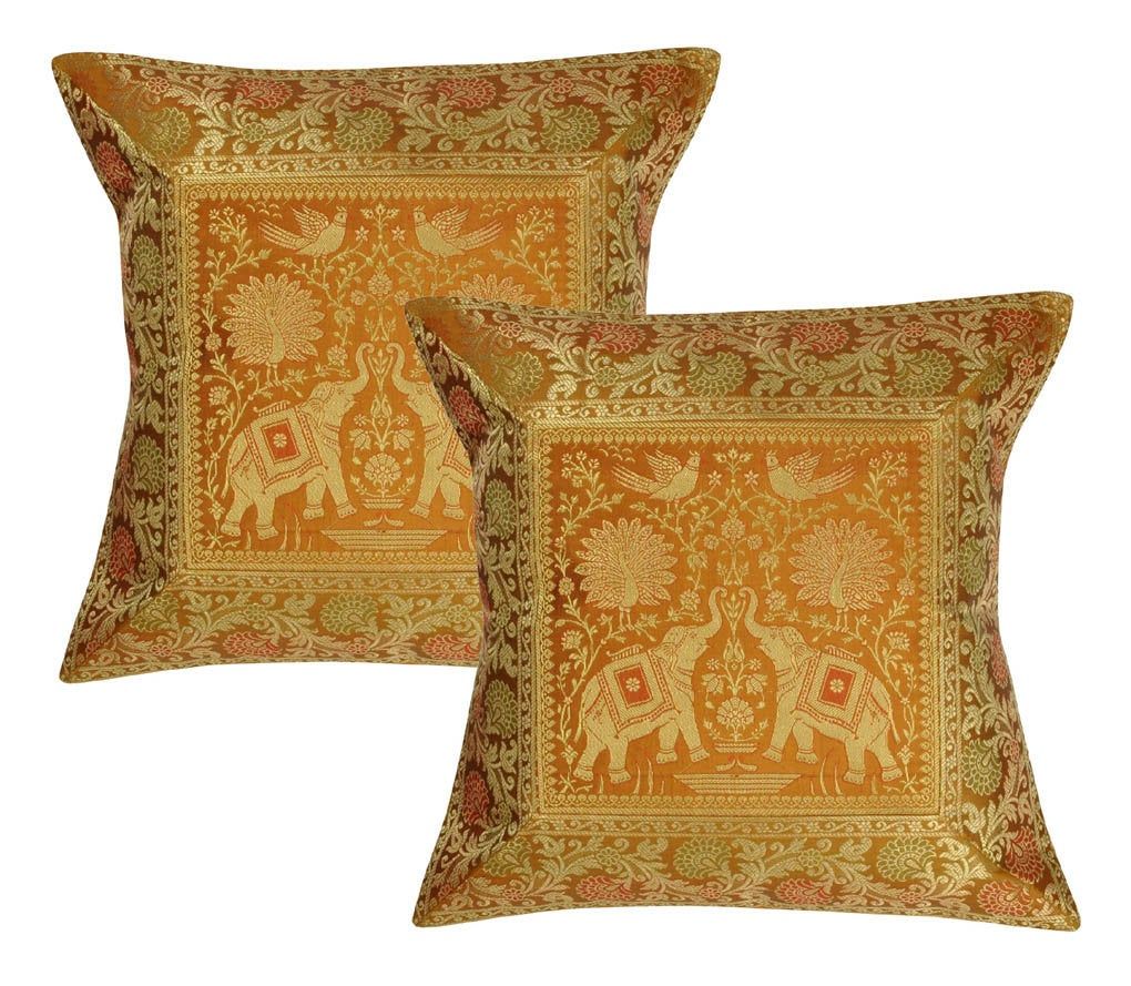 Indian Pillow Case Elephant Brocade Silk Brown Single Cushion Cover Throw 12X12