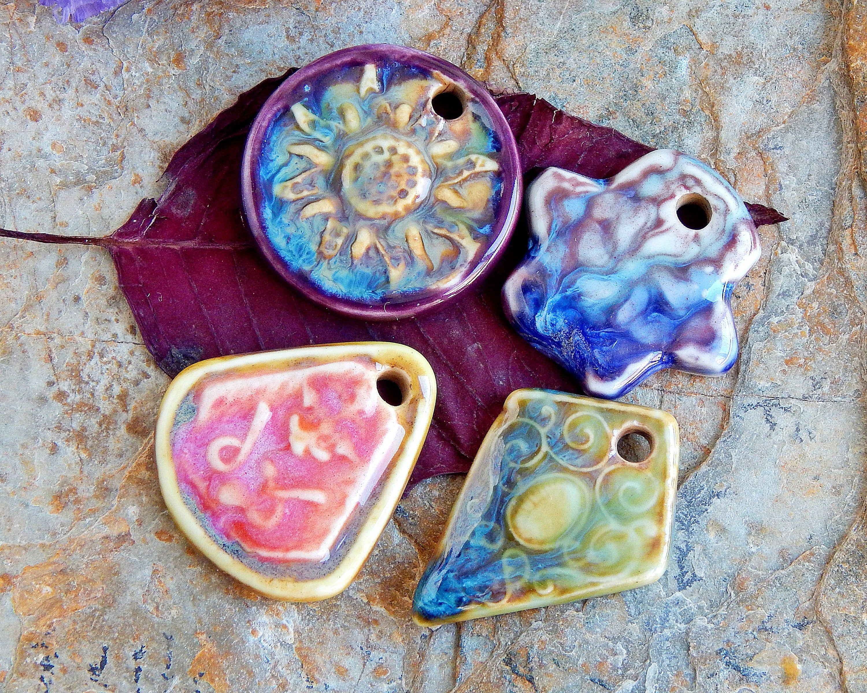 4 artisan pendants of ceramic boho necklace supplies Set of Assorted Porcelain Charms lot handcrafted pendants