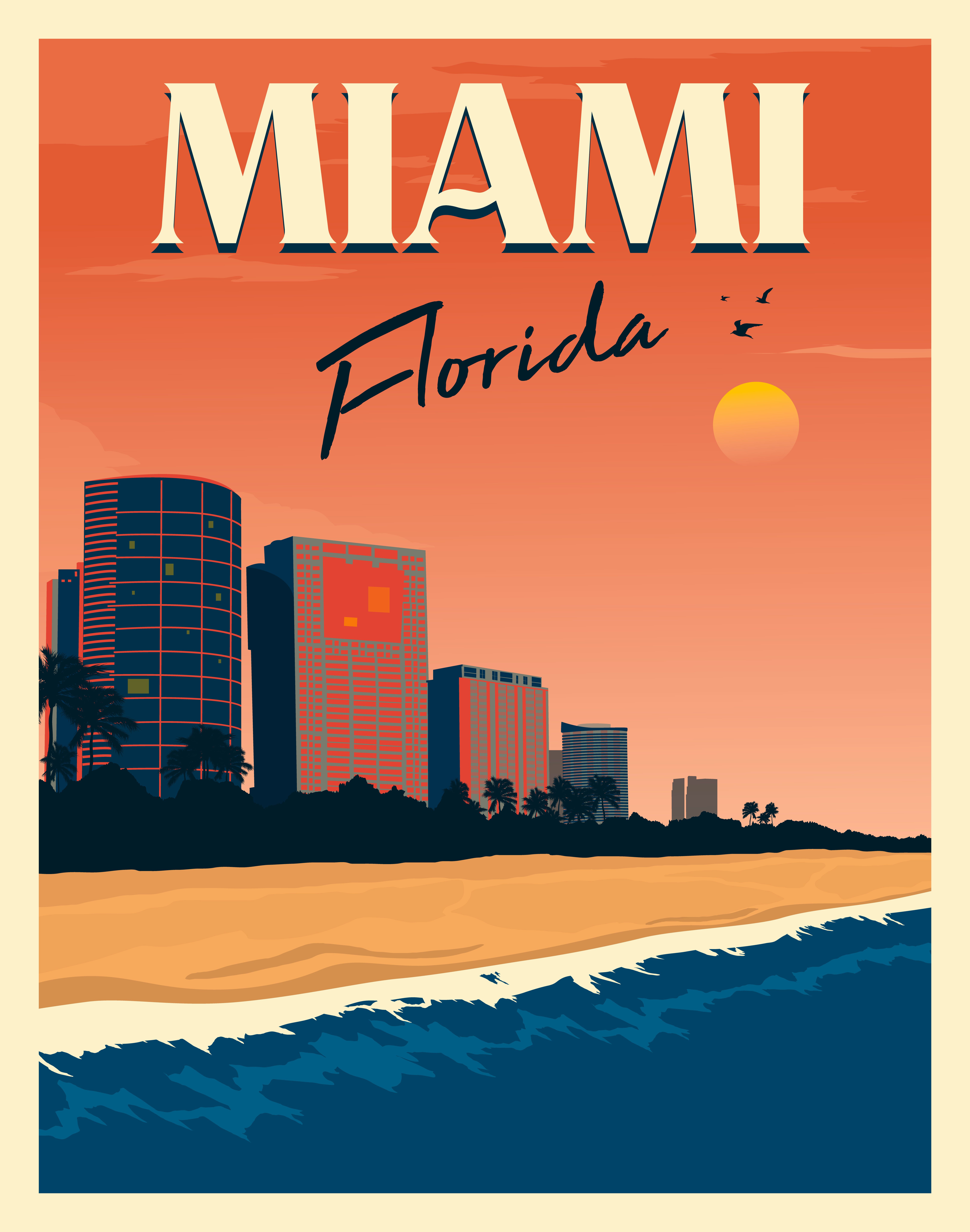 Miami Florida Vintage Style Travel Posters Retro Travel Poster Vintage Poster Design Vintage Travel Posters