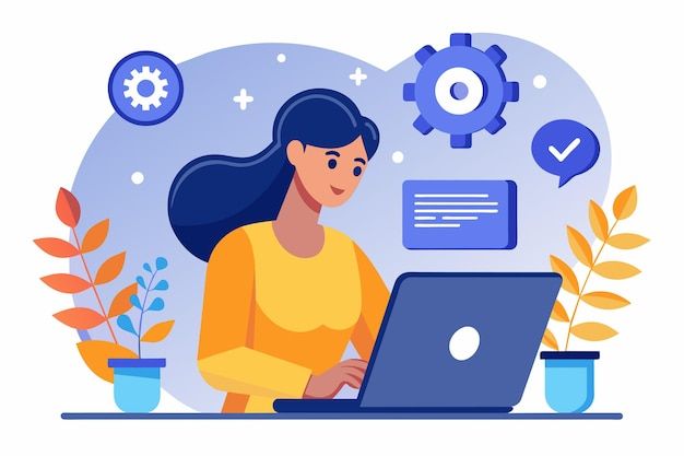 A woman sits in front of a laptop computer working on a software installation update a woman performs a software installation update on a laptop Simple and minimalist flat Vector Illustration