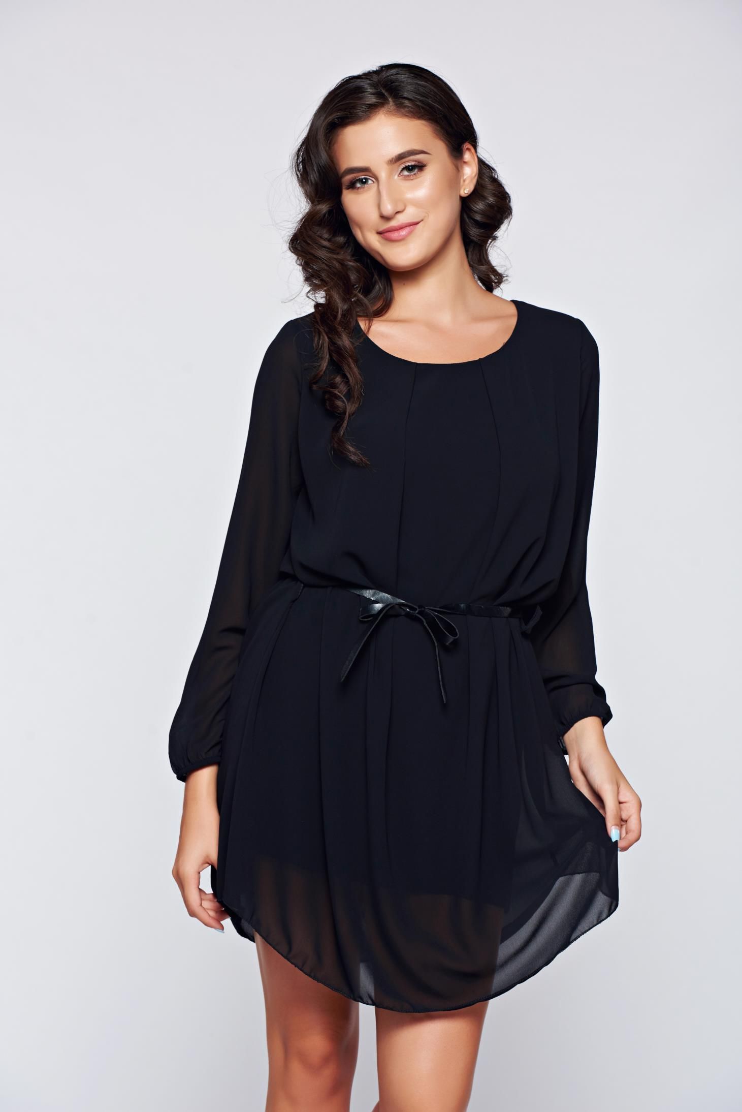 Voile fabric easy cut black dress with long sleeves, inside lining, easy cut, faux leather belt, elastic held sleeves, transparent sleeves, voile fabric, airy fabric Faux Leather Belts, Product Label, Elegant Style, Cut, Airy, Long Sleeve, Skirts, Casual, Skirt