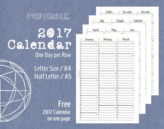 2017 Calendar One Day per Row Planner Inserts Letter Size A4 Half