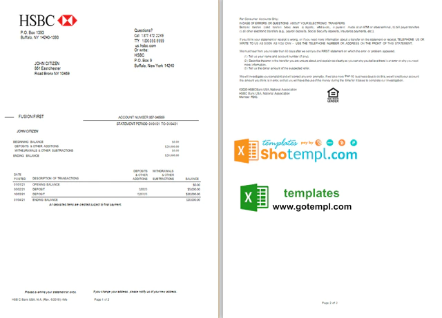 USA HSBC bank statement template in Excel and PDF format (2 pages USA HSBC bank statement template in Excel and PDF format (2 pages